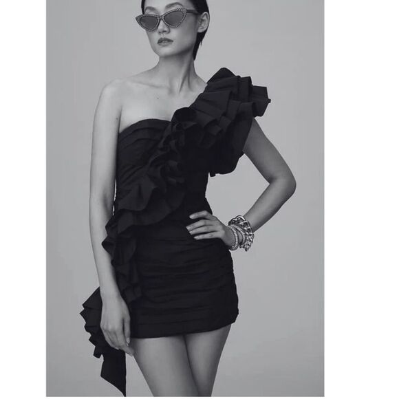 NWT Anthropologie CeliaB BALTIC ONE-SHOULDER PLEATED RUFFLED MINI DRESS - Picture 1 of 9